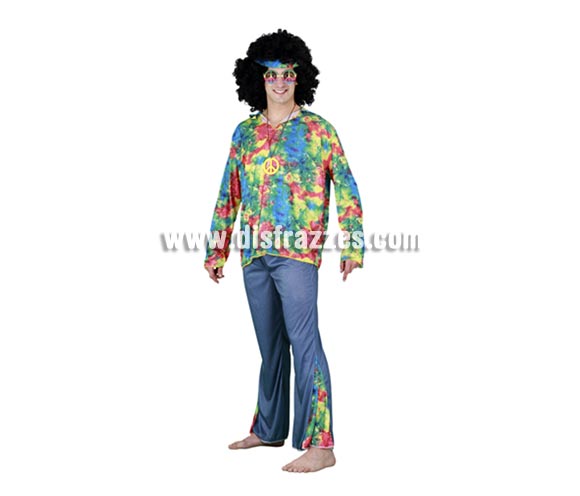 Disfraz de chico Hippie para hombre. Talla standar 52/54. Incluye camisa, pantalón, cinta del pelo y medallón de la Paz. Accesorios NO incluidos, verás accesorios de Hippy en la sección de Complementos.