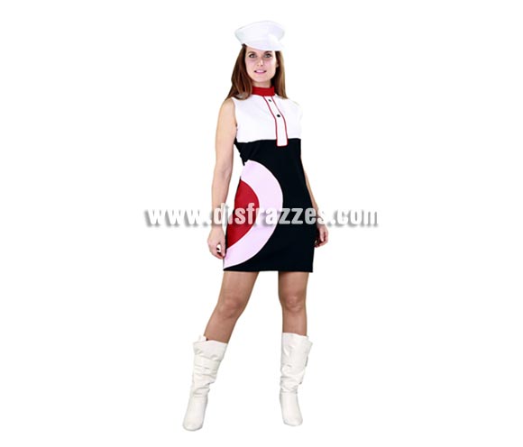 Disfraz barato de Chica de los 70 para mujer. Talla standar 38/42. Incluye gorra y vestido. ¿A que puedes ir disfrazada e ir guapa a la vez sin gastarte mucho dinero? -Sí, con éste disfraz sí puedes.