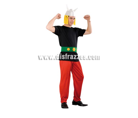 Disfraz barato de Galo rubio para hombre. Talla standar M-L 52/54. Incluye gorro con tiras de tela amarilla imitando el pelo rubio, camisa, cinturón y pantalones. Con éste disfraz podrás imitar a Astérix y pasártelo bomba. Recomendamos un consumo responsable de pócima mágica, jejejeje. Éste disfraz es la pareja perfecta de la ref. 89868BT.