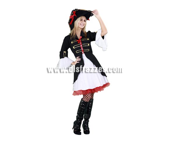 Disfraz de Capitán Pirata negro para mujer. Talla standar M-L = 38/42. Incluye sombrero, vestido y chaqueta. Un traje muy, pero que muy bonito que realza la belleza de quien lo lleva y no es el típico modelo de disfraz de Pirata que estamos acostumbrados a ver.