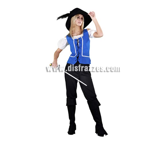 Disfraz barato de Mosquetera azul para mujer. Talla standar 38/42. Incluye sombrero, chaleco, camisa, pantalones y cubrebotas. Espada No incluida, podrás ver algún modelo en la sección Complementos. Éste traje es diferente y no es el típico disfraz de Mosquetera que siempre se ve por ahí, además tiene un buen precio.