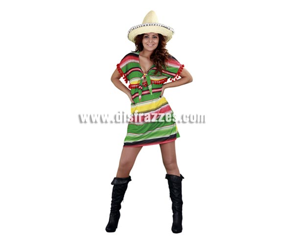 Disfraz de Mejicana con vestido corto para mujer. Talla standar 38/42. Incluye sólo el vestido. Si quieres el gorrito lo tenemos en Complementos. Es sencillo pero tiene muy buenos acabados como la pasamanería de bolitas rojas que lleva en las mangas y bajo el pecho, esa es cara, por eso se sube un pelín de precio pero tampoco tanto. La pareja de éste traje la podrás ver con la ref. 08051BT.