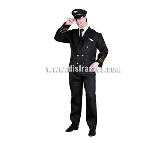 Disfraz de Oficial de Vuelo para hombre. Talla standar 52/54. Incluye gorra, camisa, corbata, chaqueta y pantalón. Llámese también disfraz de Piloto de Avión o Piloto de vuelo para caballero.