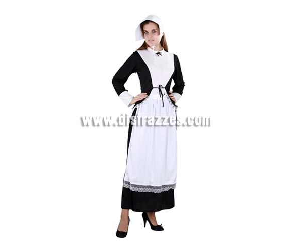 Disfraz barato de Puritana para mujer. Talla standar 38/42. Incluye sombrero, camisa, falda y delantal. Disfraz de la época de la Casa de la Pradera o del Oeste cuando algunas mujeres vestían así.