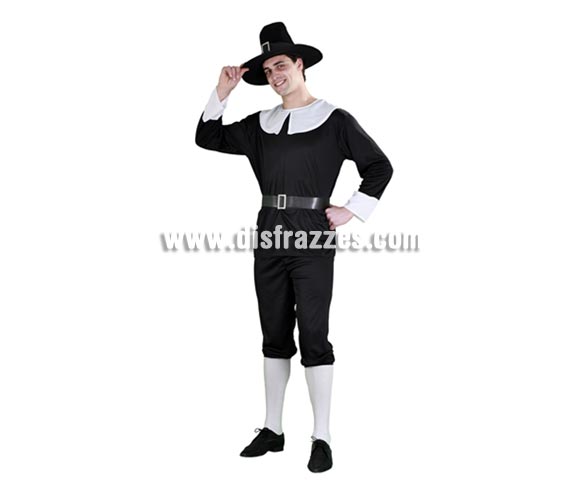 Disfraz barato de Puritano para hombre. Talla standar 52/54. Incluye sombrero, camisa, cinturón y pantalón. Éste disfraz es como los que llevaban algunos hombres en la serie de la Casa de la Pradera o en el lejano Oeste.