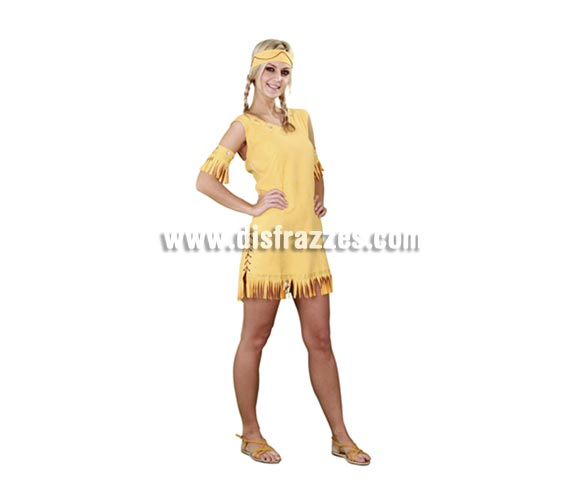 Disfraz barato de India claro para mujer. Talla standar 38/42. Incluye tocado, brazaletes y vestido. Bonito disfraz de original diseño ideal para cualquier Fiesta de disfraces y por supuesto para Carnaval.