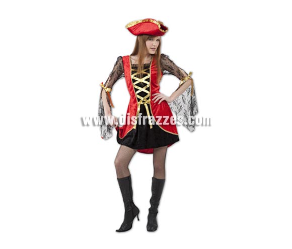 Disfraz barato de Pirata Sexy rojo y negro para mujer. Talla standar M-L = 38/42. Incluye vestido y sombrero. Cubrebotas NO incluido, lo verás en la sección Complementos con la ref. 96158BT.