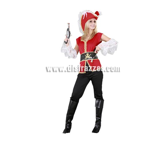 Disfraz de Capitana Pirata para mujer. Talla standar M-L = 38/42. Incluye sombrero, camisa, cinturón, pantalones, cubrebotas y manguitos. Éste precioso disfraz de Pirata de chica viene muy completo y por eso tiene una ezcelente relación calidad - precio, porque no necesitas ningún Complemento, bueno, la pistola si la quieres está en la sección de Complementos.