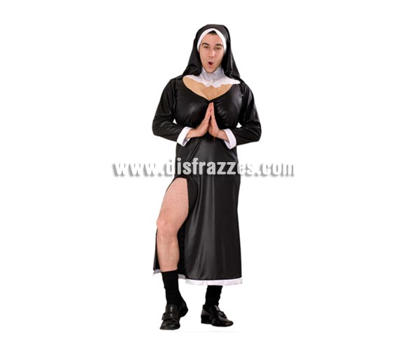 Disfraz de Monja Sexy para hombre. Talla standar M-L 52/54. Incluye vestido con relleno del pecho y tocado. Éste disfraz es perfecto para el cachondeo y se usa mucho en Despedidas de Soltero. 