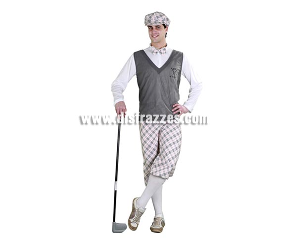 Disfraz de Golfista para hombre. Talla standar 52/54. Incluye gorra, camisa, jersey, pantalón y pajarita. Éste disfraz está muy completo y es muy original y gracioso. El palo de Golf que lleva el chico en la foto no lo incluye y no existe, si te fijas bien es una guadaña (ref. 69159BT)de plástico de Halloween pero el fotógrafo la ha recortado para que parezca el palo. La pareja de éste disfraz es la ref. 09162BT.