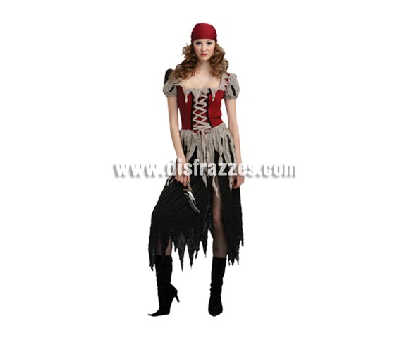 Disfraz de mujer Pirata para chicas. Talla standar M-L = 38/42. Incluye vestido y tocado. Traje de mujer Pirata de una calidad más alta para las chicas que quieran ir con un disfraz mejor y menos visto. Muy buena relación calidad-precio. Éste disfraz es la pareja de la ref. 89839BT. y son disfraces de calidad superior.