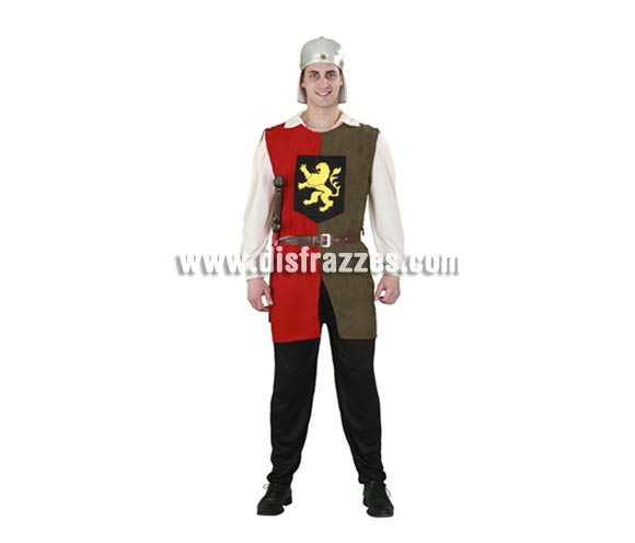 Disfraz barato de Soldado Medieval del León para hombre. Talla standar 53/54. Incluye casco de tela, casaca, cinturón y funda. Traje de Guerrero Medieval del León para Caballero ideal para Fiestas y Ferias Medievales.