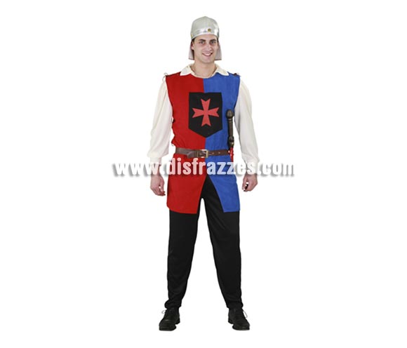 Disfraz barato de Soldado Medieval de la Cruz para hombre. Talla standar 53/54. Incluye casco de tela, casaca, cinturón y funda. Traje de Guerrero Medieval de la Cruz para Caballero ideal para Fiestas y Ferias Medievales.