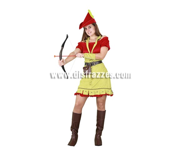 Disfraz de Robin Hood para mujer. Talla standar M-L 38/42. Incluye gorro, camisa, falda, cinturón, bolso, cubrebotas ya brazalete. Traje de Robin Hood para mujer de una calidad más alta muy completo y de excelente relación calidad - precio. Éste disfraz hace pareja con la ref. 10180BT.