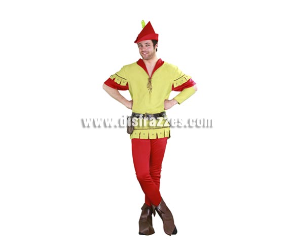 Disfraz de Robin Hood para hombre. Talla standar 52/54. Incluye gorro, camisa, pantalón, sinturón, bolso, cubrebotas ya brazalete. Éste disfraz de Robin Hood sería el que se pondría para ir los Domingos a Misa ya que es mudaor, mudaor, jejejeje.  Éste disfraz hace pareja con la ref. 10180BT. Traje de Robin Hood para hombre de una calidad más alta muy completo y de excelente relación calidad - precio.