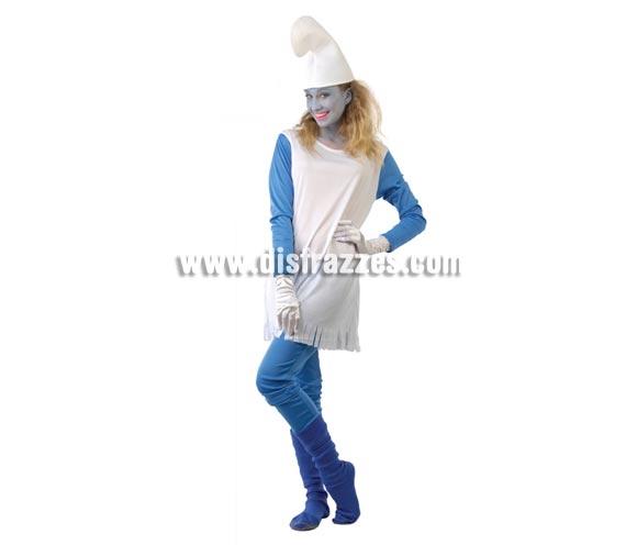 Disfraz de Pitufina para mujer. Talla única válida hasta la 42/44. Incluye gorro, vestido con mangas y pantalón. Accesorios NO incluidos. Éste disfraz es perfecto si quieres salir de Pitufa o Pitufina. La pareja de éste disfraz es la ref. 80425GUI.