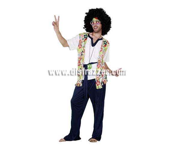 Disfraz barato de Hippie con chaleco de Flores para hombre. Talla standar 52/54. Incluye camisa con chaleco, pantalón, cinta de la cabezacinturón y colgante símbolo de la Paz. Peluca NO incluida, la podrás ver en la sección Complementos.