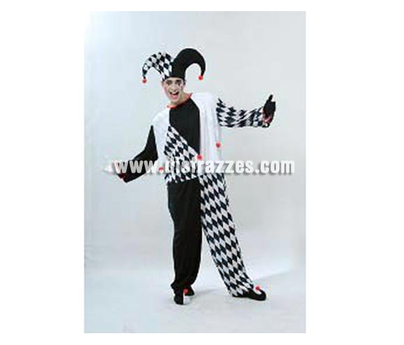 Disfraz barato de Bufón para hombre. Talla standar 52/54. Incluye mono y sombrero. Éste disfraz que también se puede denominar de Arlequín para chicos, es muy chulo y con un buen maquillaje queda genial. La pareja es la ref. 08063BT.