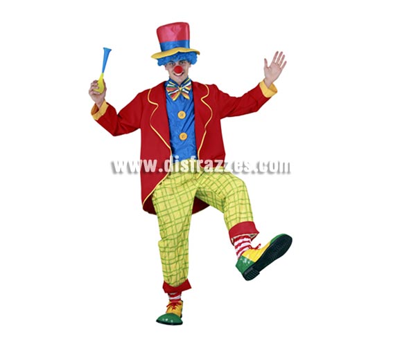 Disfraz de Payaso para hombre. Talla standar 52/54. Incluye chaqueta, pechera con pajarita, pantalón y sombrero. Accesorios NO incluidos, los verás en la sección de Complementos. La pareja de éste disfraz es la ref. 08020BT.