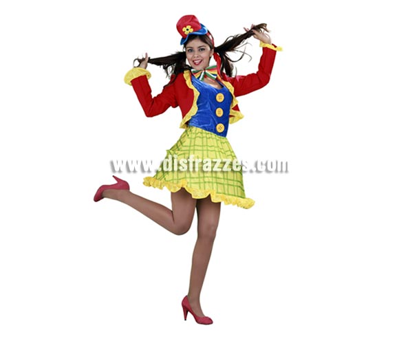 Disfraz de Payasa para mujer. Talla stnadar 38/42. Incluye chaqueta, vestido, pajarita y sombrero. La pareja de éste disfraz es la ref. 08019BT.
