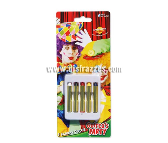 Caja 5 barritas de maquillaje de 5 cm. Artículo de Maquillaje ideal para caracterizarte en Carnaval, en Halloween o en cualquier fecha del año que tengas ocasión para ir de Fiesta. 
¡¡Compra el maquillaje para tu disfraz de Carnaval o de Halloween en nuestra tienda de disfraces, será divertido!!
