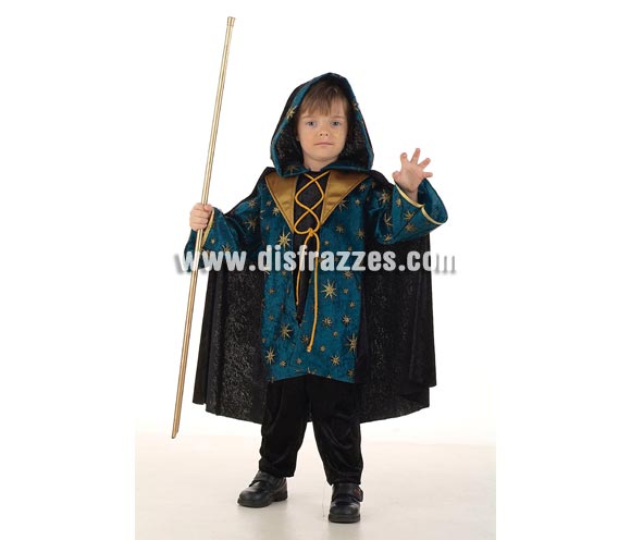 Disfraz de Brujo infantil para Halloween. Talla de 1 año. Incluye pantalón, camisa y capa con capucha. Alta calidad, hecho en España. Precio muy rebajado, por liquidación de Stock.
