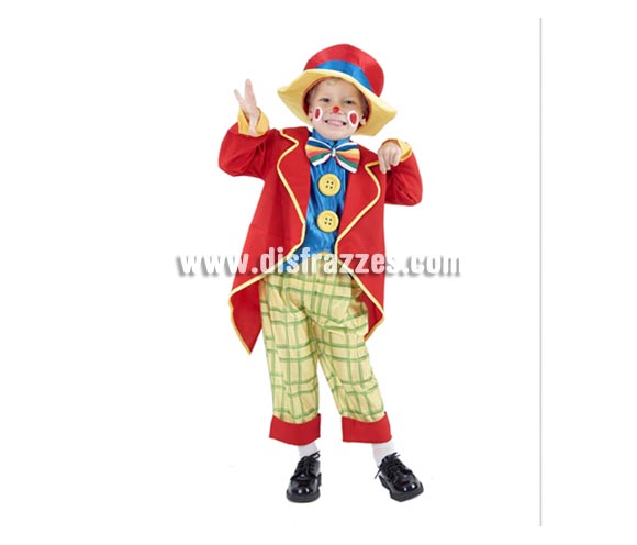 Disfraz barato de Payasete para niño. Talla de 1 a 2 años. Incluye abrigo, pechera con pajarita y botones, pantalones y sombrero. Éste disfraz de Payasito infantil está muy completo y tiene muy buen precio.