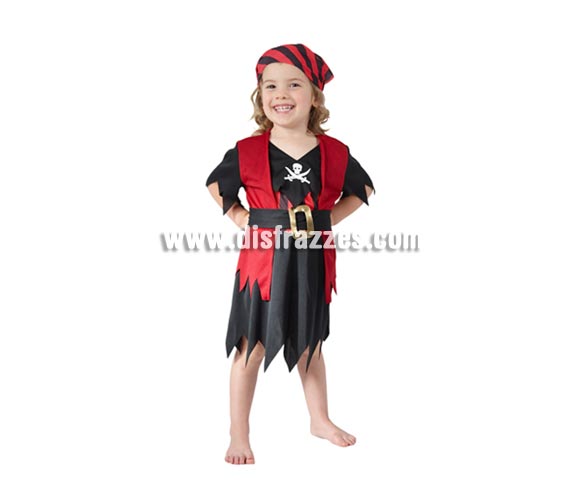 Disfraz barato de Pirata para niñas de 3 a 4 años. Inlcluye camisa con chaleco, falda, cinturón y pañuelo de la cabeza. 