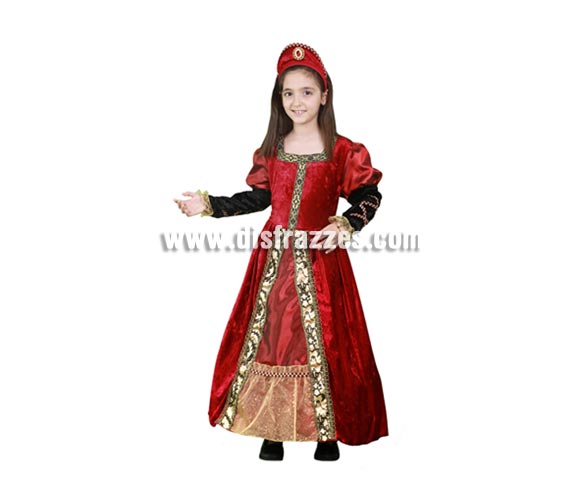 Disfraz de Princesa Medieval roja y dorada barato para niña. Talla de 7 a 9 años. Incluye vestido y tocado. Éste traje de Dama es perfecto para Ferias Medievales.