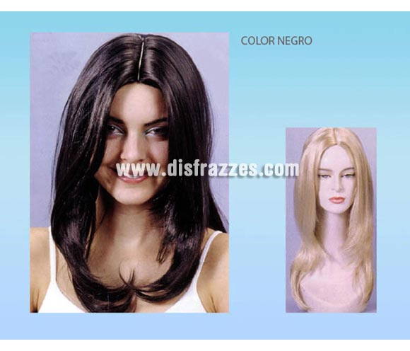 Peluca de mujer melena larga Negra con puntas onduladas. Talla Universal.
