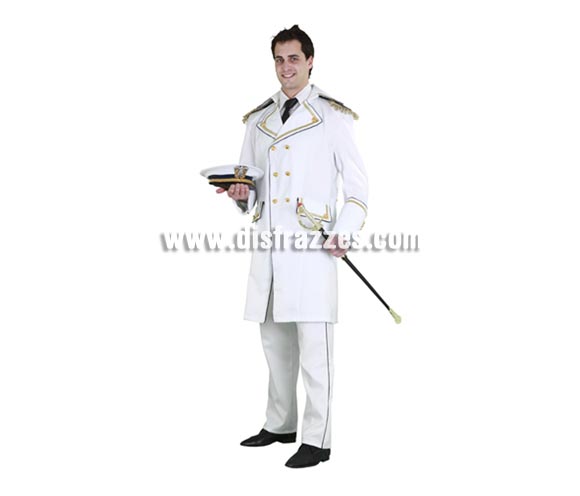 Disfraz de General de la Marina para hombre. Talla standar 52/54. Incluye chaqueta y pantalón. Gorra y espada NO incluidas, podrás verlas en la sección Complementos. Un disfraz de categoría que hará que todos se cuadren a tu paso, jejejeje.
