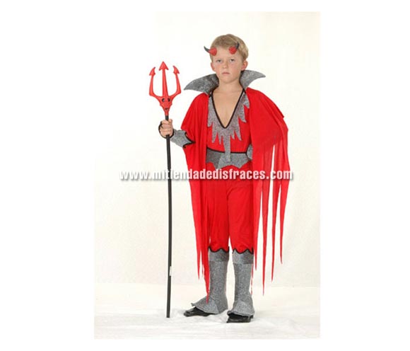 Disfraz de Diablo o Demonio económico talla de 4 a 6 años. Incluye mono con cubrebotas, capa con cuello, cuernos y brazalete. Tridente NO incluido.