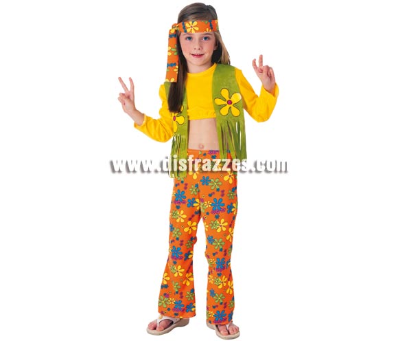Disfraz barato de niña Hippie infantil. Talla de 5 a 7 años. Incluye camiseta con chaleco y flecos, pantalón de campana y cinta de la cabeza.