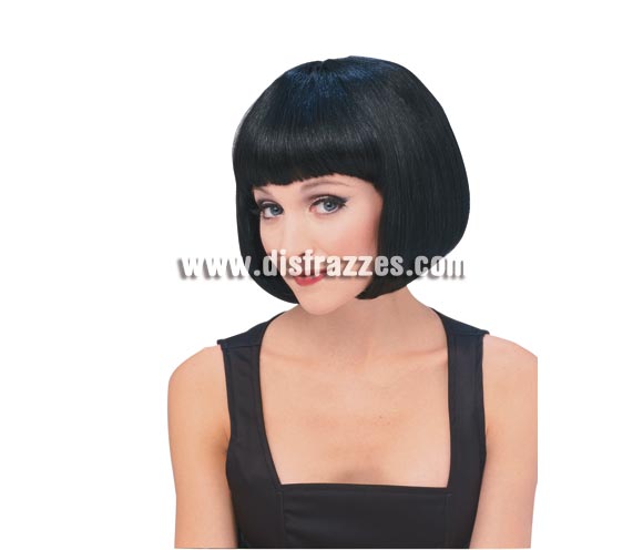 Peluca modelo Broadway de color negro. Peluca de Charlestón de media melena lisa con flequillo negra ideal para tu disfraz de Charlestón, de Moulin Rouge, Cabaret, etc. etc.