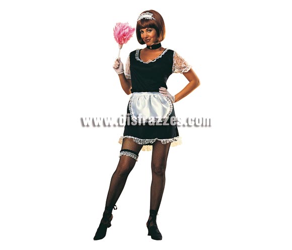 Disfraz barato de Criada sexy para mujer. Talla standar. Incluye vestido, delantal, guantes, liguero y gargantilla.