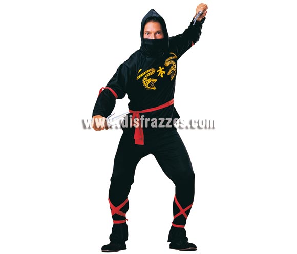 Disfraz de Ninja para hombre. Talla standar. Incluye pantalones, camisa con capucha, pañuelo, cinturón y bandas para las piernas y brazos.