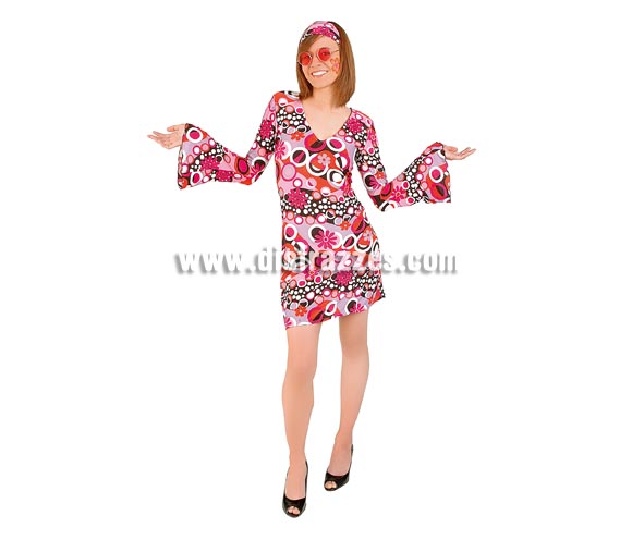 Disfraz de Hippie Flower Power para chicas. Talla S de mujer. Incluye vestido y cinta para la cabeza. Gafas NO incluidas, podrás verlas en la seccción de Complementos.