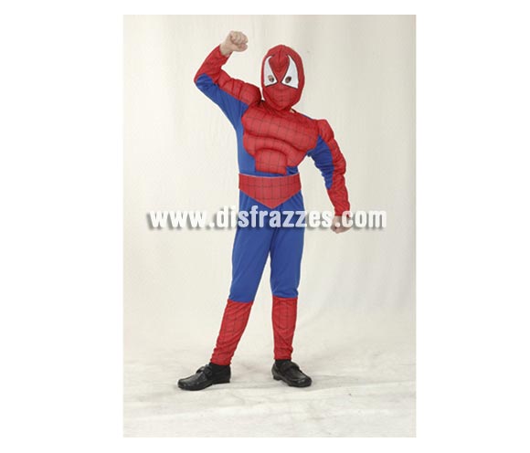 Disfraz de Insecto Musculoso económico talla de 4 a 6 años. Incluye mono con relleno imitando músculos, cinturón y capucha. Para jugar a ser Spiderman.