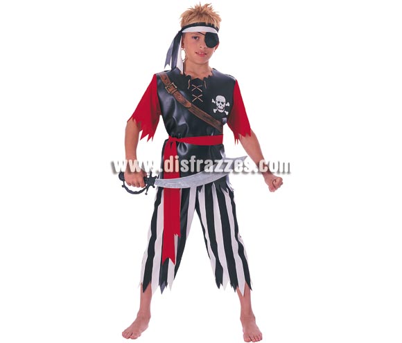 Disfraz de Pirata con parche para niños de 3 a 4 años. Incluye camisa, pantalón, cinturón y banda para la cabeza.