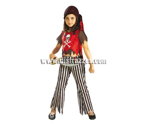 Disfraz de Corsaria para niñas de 8 a 10 años. Incluye camisa, con chaleco, pantalón y pañuelo para la cabeza. Espada NO incluida. Disfraz de niña de Pirata del Caribe.