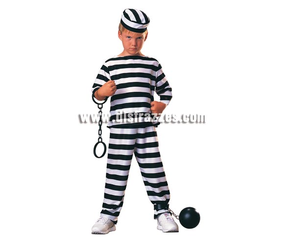 Disfraz muy barato de Prisionero para niños de 3 a 4 años. Incluye pantalón, camisa de manga larga y gorro. Accesorios NO incluidos, podrás verlos en la sección de Complementos. Con éste disfraz de Preso o Presidiario los niños están muy graciosos y no está nada visto en éstas tallas infantiles, por lo que irán diferentes al resto.