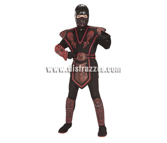 Disfraz de Guerrero Ninja rojo para niños de 3 a 4 años. Incluye jumsuit (mono) con capucha, pecho, cubrepiernas, cubrezapatos de EVA y máscara. Disfraz que viene muy completo y que gusta mucho a los niños.