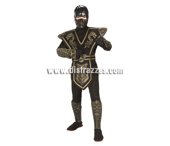 Disfraz de Guerrero Ninja oro para niños de 3 a 4 años. Incluye jumsuit (mono) con capucha, pecho, cubrepiernas, cubrezapatos de EVA y máscara. Disfraz que viene muy completo y que gusta mucho a los niños.