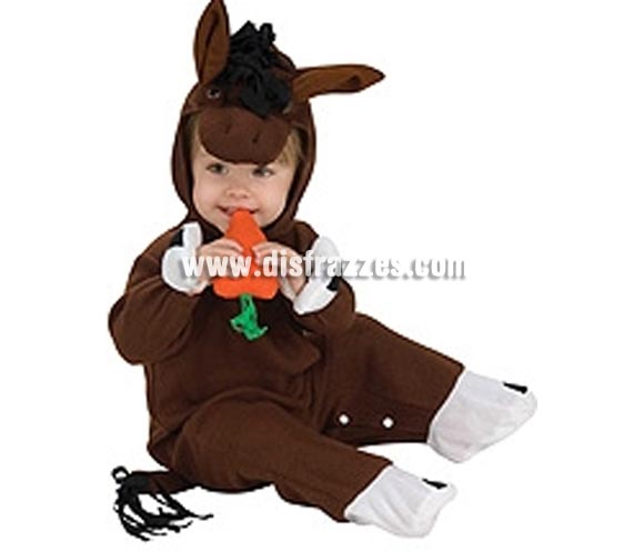 Disfraz de Caballito con sonido para bebés de 6 a 12 meses. Incluye traje completo con gorro y zanahoria con sonido. Éste traje de Caballo para bebé es muy bonito además de práctico ya que es tipo pelele con clics para poder cambiarle el pañal al bebé fácilmente.
