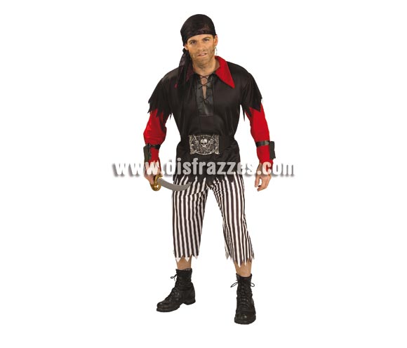 Disfraz de Rey Pirata para hombre. Talla standar. Incluye camisa, pantalón, cinturón de vinilo en 3D y pañuelo para la cabeza. Espada NO incluida.