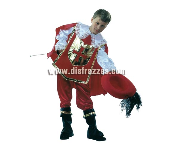 Disfraz de Mosquetero D'Artagnan con sombrero para niños de 5 a 7 años. Incluye camisa con peto, pantalón, cubrebotas y sombrero. Espada NO incluida, podrás verla en la sección de Complementos. Éste traje tiene una muy buena relación calidad-precio ya que incluye hasta el sombrero.
