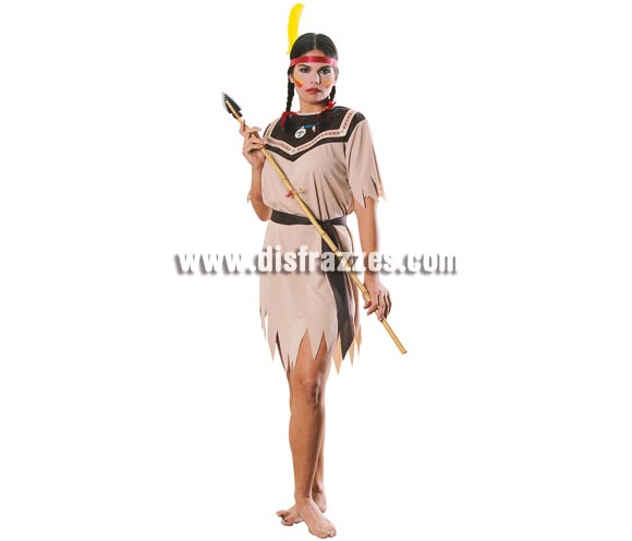 Disfraz muy barato de India para mujer. Talla standar. Incluye vestido, cinturón y cinta con pluma. Lanza NO incluida, la verás en la sección de Armas, dentro de Complementos.