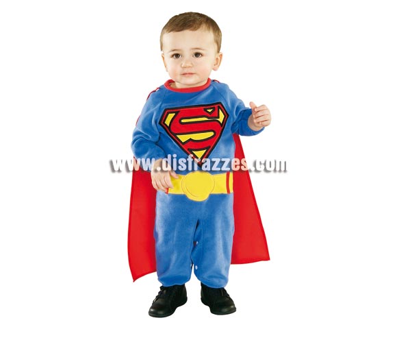 Disfraz de Superman para bebés de 6 a 12 meses. Incluye traje completo con capa. Traje con licencia de fácil apertura tipo pelele para cambio de pañal.