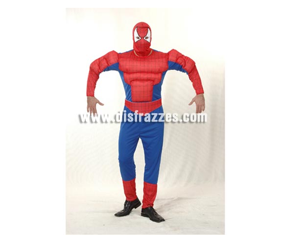 Disfraz de Araña Musculosa Adulto Económico. Talla única 52/56. Incluye Incluye mono con relleno imitando músculos, cinturón y capucha. Para jugar a ser Spiderman. 
