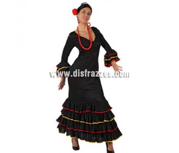 Disfraz de Faralae negro para mujer. Talla standar M-L = 38/42. Incluye vestido de flamenca o Sevillana. Accesorios NO incluidos.
